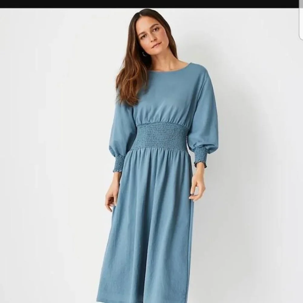 ANN TAYLOR SMOCKED WAIST FLARE MIDI DRESS NEW - Picture 1 of 3